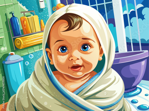 Realistic vector illustration of newborn baby wrapped in white towel after bath, water drops, soft lighting, clean and cozy baby hygiene scene, detailed realistic vector art