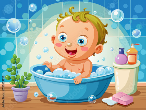 Realistic vector of smiling newborn baby playing with bubbles in bathtub, bright light, detailed water reflections, joyful baby bath scene illustration