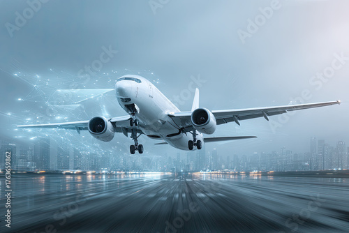 
Technology digital future of commercial air transport concept, Airplane taking off from airport runway on city skyline and world map background with copy space, Moving by speed motion blur effect