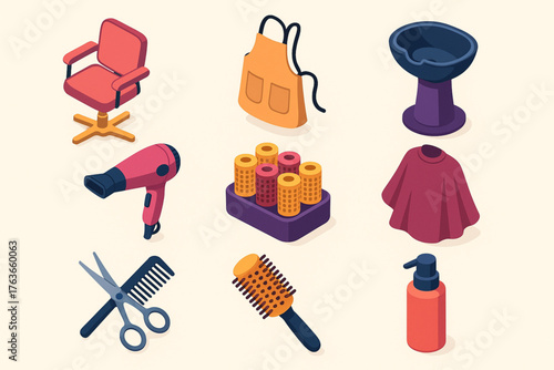 Colorful Isometric Hair Salon Tools Set – Chair, Blowdryer & Styling Vector Icons