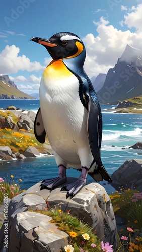 A majestic penguin stands on a rock near a scenic ocean landscape