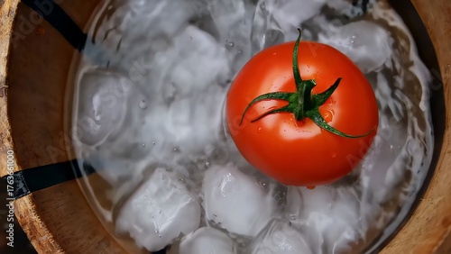 Freshly picked red tomatoes floating in ice water, close-up from above on a wooden bowl