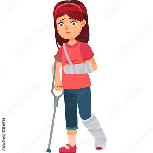 Pixel Art of a Young Girl with a Broken Arm and Leg on Crutches Looking Sad on a Transparent Background Realistic Vector Illustration