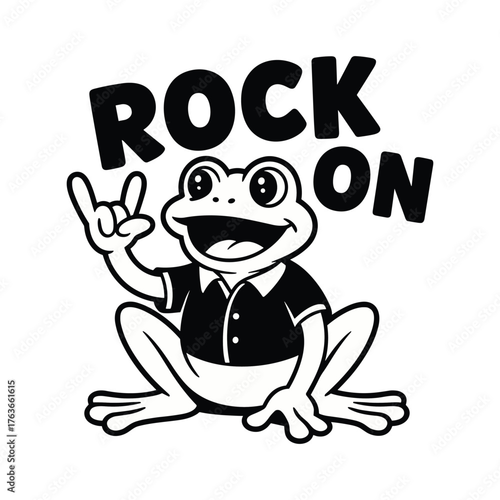 Obraz premium Cartoon frog wearing a shirt making rock on hand gesture with text vector.