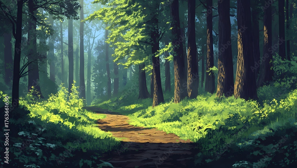 Obraz premium A path winds through a lush green forest bathed in soft, filtered light