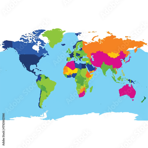 Colorful illustration of a world map with various countries in different bright colors on a light blue background with white clouds.