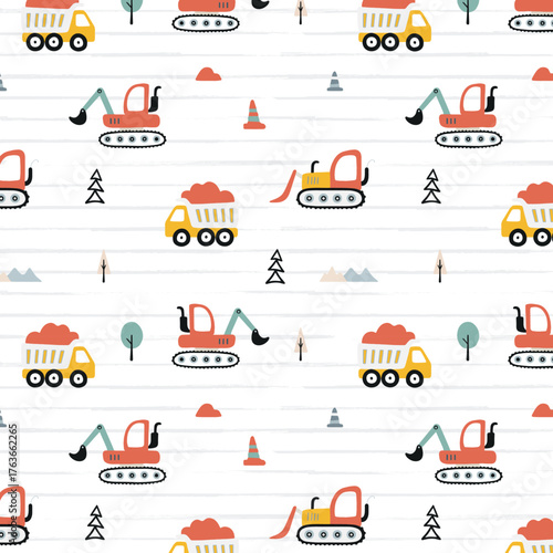 Vector hand-drawn seamless repeating children simple pattern with cars in Scandinavian style on a white background. Kids seamless pattern with building equipment. Funny construction transport