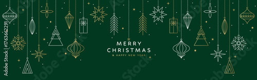 Merry Christmas banner, gold ornament card, green background