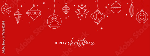 Christmas ball card, hanging ornament border, red background