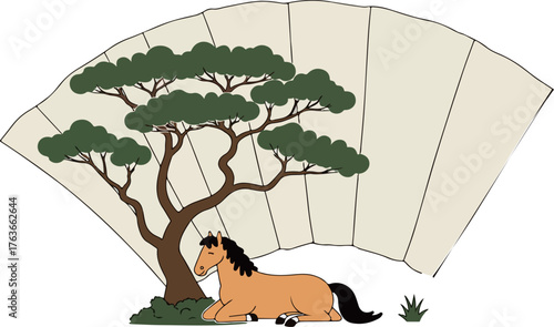 Resting Horse Under a Tree with Fan Background