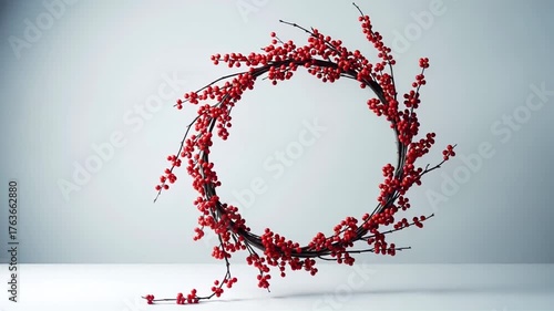 Red berry wreath decoration on a neutral background  