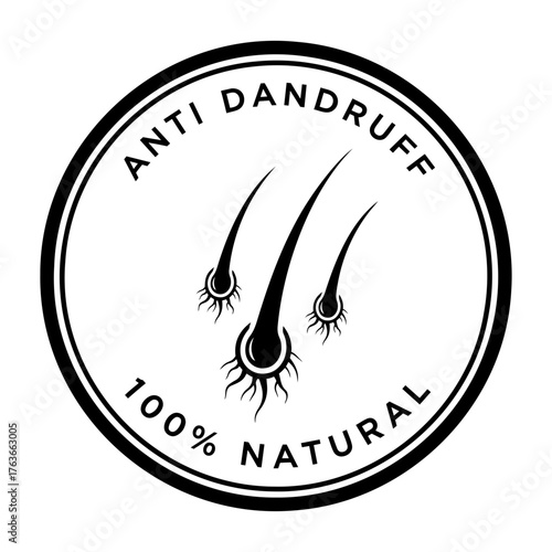 Vector anti dandruff hundred percent natural label with black hair strands in a circle frame
