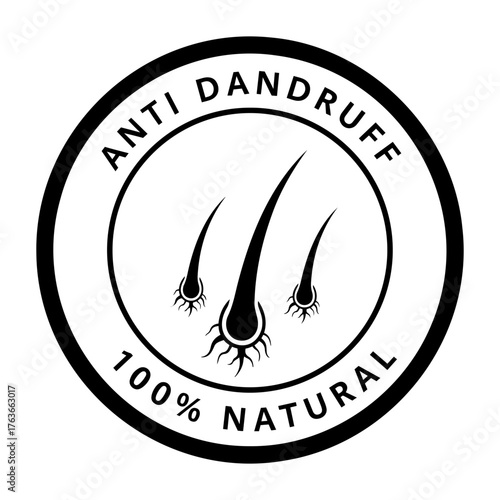 Vector black and white anti dandruff natural product label with hair strands in a circle frame