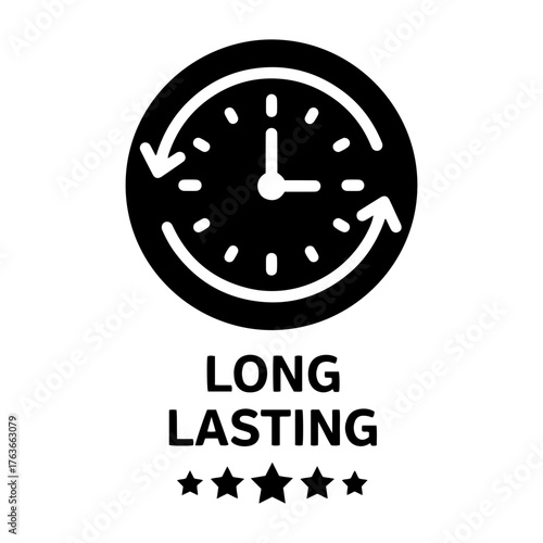 Vector illustration of a clock with circular arrows above the words long lasting and stars below