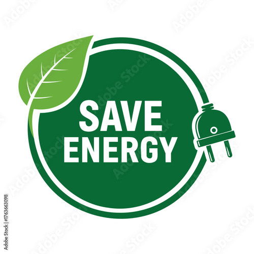 Vector illustration of a green save energy icon with a leaf and electrical plug symbol design