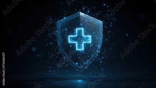 Futuristic digital shield with neon blue cross symbol representing healthcare technology