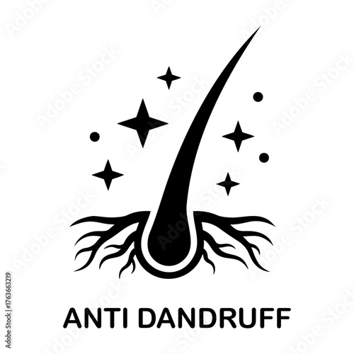 Vector illustration of a hair strand with roots and sparkling elements for anti dandruff concept