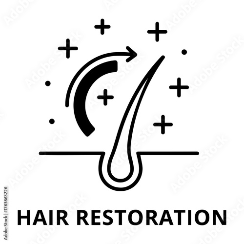 Vector illustration of a single hair follicle with an arrow indicating growth and plus signs around it