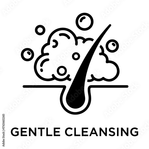 Vector illustration of hair follicle with hair shaft surrounded by foam and bubbles in black