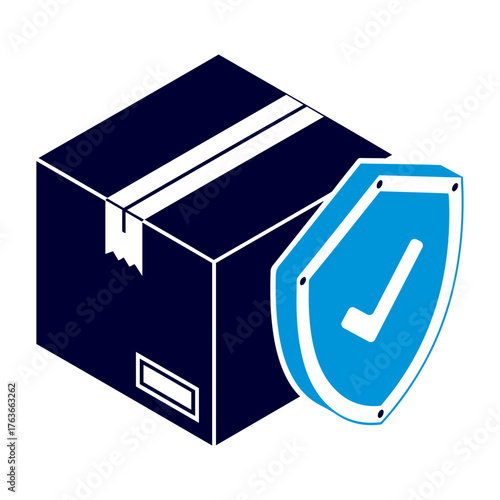 Vector isometric view of a dark blue package with white tape and a blue shield with checkmark