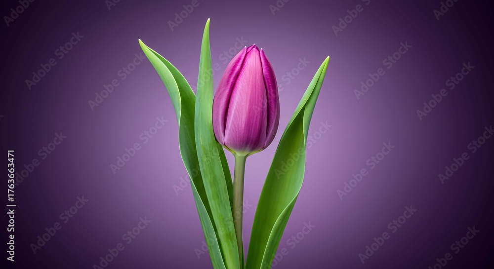 Obraz premium Elegant purple tulip with green leaves on a soft purple gradient background