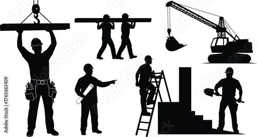 Construction workers, teamwork, lifting beam, excavator, blueprint, ladder, shovel, supervisor, machinery, building site, safety, silhouette, black and white, engineer, manual labor, infrastructure, 