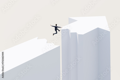 A businessman jumping over a gap in an arrowhead. Courage, challenge concept.
