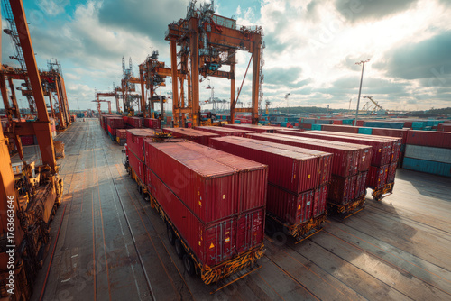 Truck unload many big red intermodal containers time lapse. Busy port terminal. Export import heavy ship cargo. Transport logistic shipment. Load freight into dock. Lot blue huge box rows. Stock line.