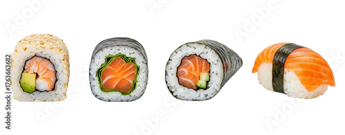 Four pieces of delicious sushi isolated on transparent background, including salmon nigiri, maki, and california roll