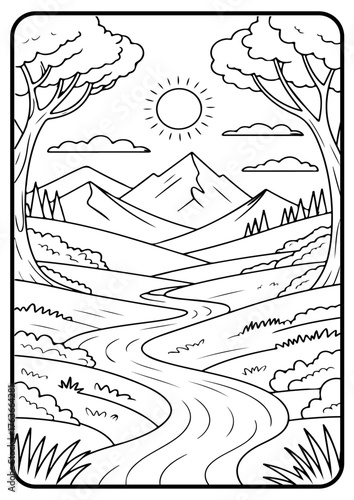 Mountain River Landscape Vector Illustration – Peaceful Nature Scene Line Art for Kids Coloring Book and Educational Design
