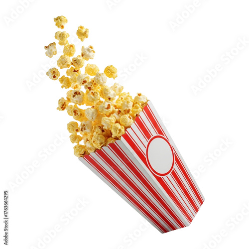 Popcorn overflowing from a red and white striped container isolated on transparent background, a classic movie snack