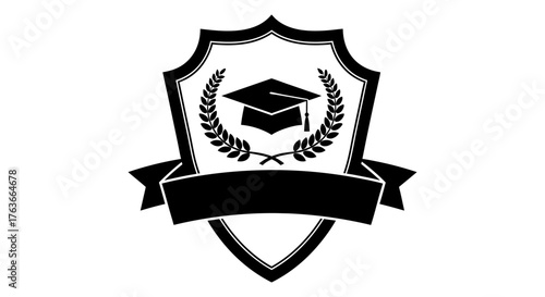 Graduation Cap Emblem Logo Icon with Laurel Wreath and Banner - Vector Graphic