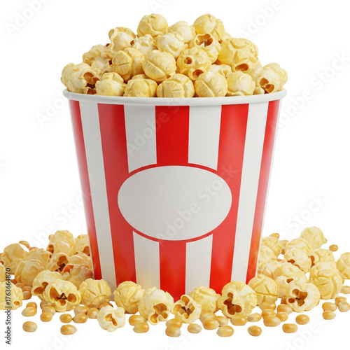 Popcorn in striped bucket isolated on transparent background, classic snack for cinema, full of kernels and delicious