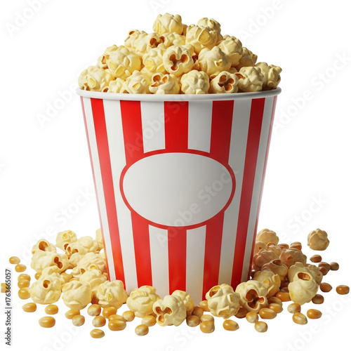 A bucket of popcorn with red and white stripes isolated on transparent background, spilling over with kernels around it