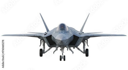 Front View of a Stealth Fighter Jet on Runway. Fifth-Generation Supersonic Aircraft Isolated on a Pure White Background.