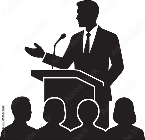 Businessman Speaking at Podium Silhouette – Corporate Seminar and Presentation Vector Illustration