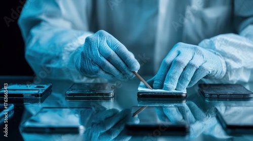 Closeup of a professional wiping sensitive information off smartphones prior to responsible disposal.