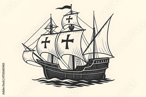 Wallpaper Mural Santa Maria - legendary ship of first expedition of Christopher Columbus to shores of New World. An old caravel sailing to America. Vector isolated illustration on light background. Torontodigital.ca