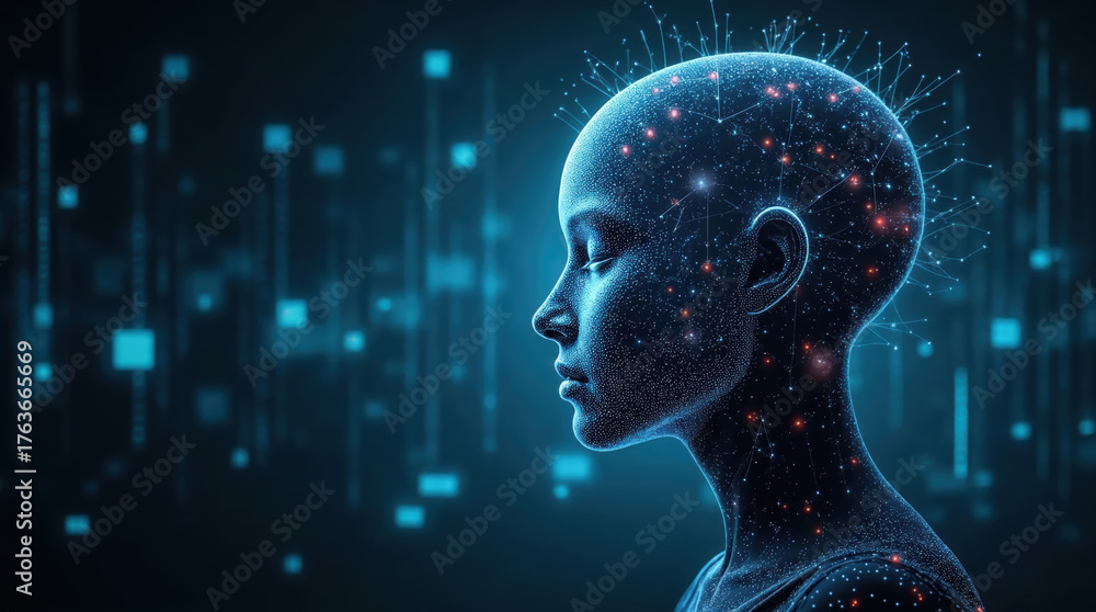 Obraz premium Contemplative artificial intelligence robot ponders digital future, its conscience and connection to vast technology network