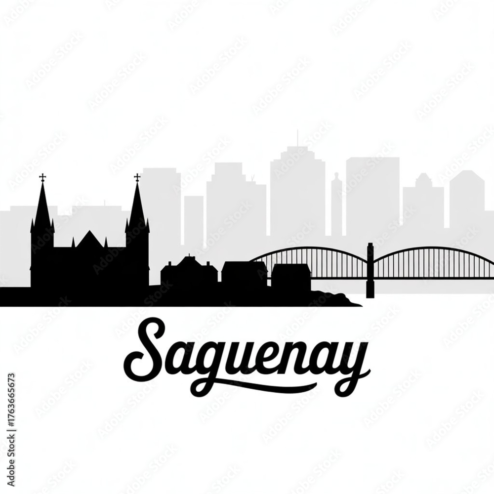 Naklejka premium Saguenay Quebec Skyline Silhouette — Riverside Quebec City Vector Illustration