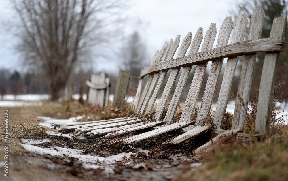Fototapeta premium Wooden fence section collapses under heavy snow load during winter in a rural area