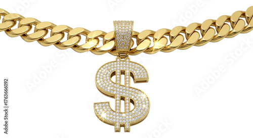 Closeup of a gold chain with a dollar sign pendant isolated on transparent background, showcasing wealth and luxury