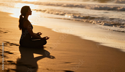 Wallpaper Mural Silhouette of peaceful woman meditating in yoga pose on beach by sea, feeling calm during beautiful sunset Torontodigital.ca