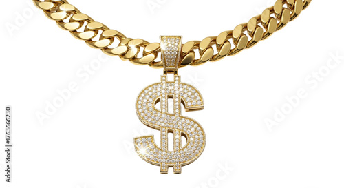 Luxurious gold chain with a diamond dollar sign pendant isolated on transparent background, representing wealth and success