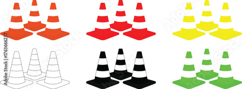 Whole set of traffic cone orange, red, yellow and lime green vector illustration. Construction / road cone for temporary traffic control and parking isolated on white background.