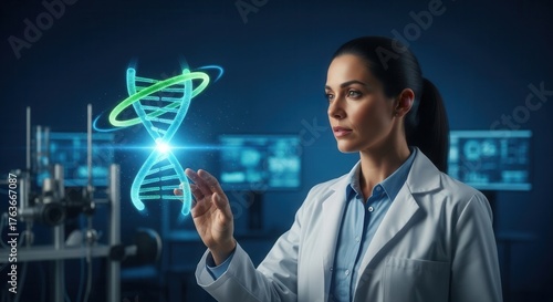 Scientist Analyzing 3D Holographic DNA Helix in a Dark Lab