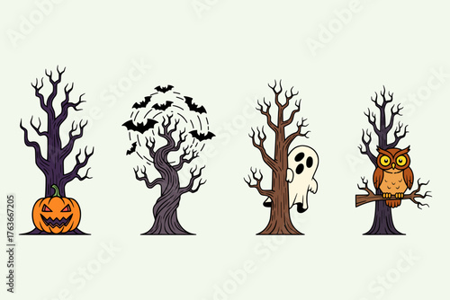 Creepy haunted forest illustration with spooky trees bats and ghostly figures creating eerie Halloween atmosphere
