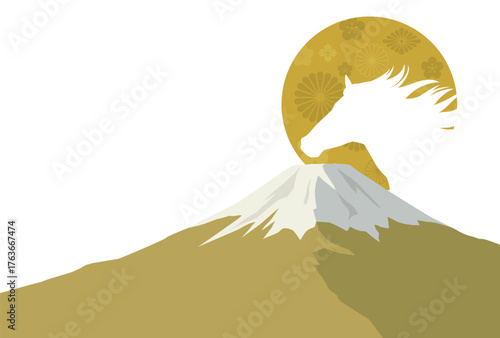 午年の年賀状テンプレート　馬と富士山と日の出