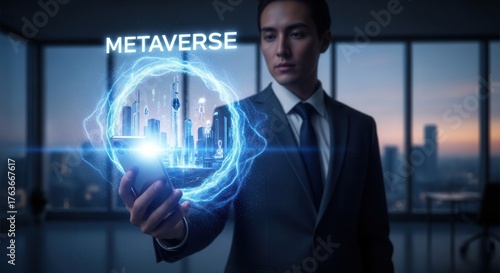 Businessman Holding Smartphone Projecting a Metaverse Gateway Hologram