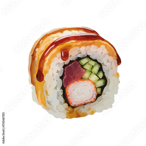 Colorful realistic vector sushi roll with avocado, tuna, crab stick, and rice topped with soy sauce, isolated on white background — traditional Japanese food concept.